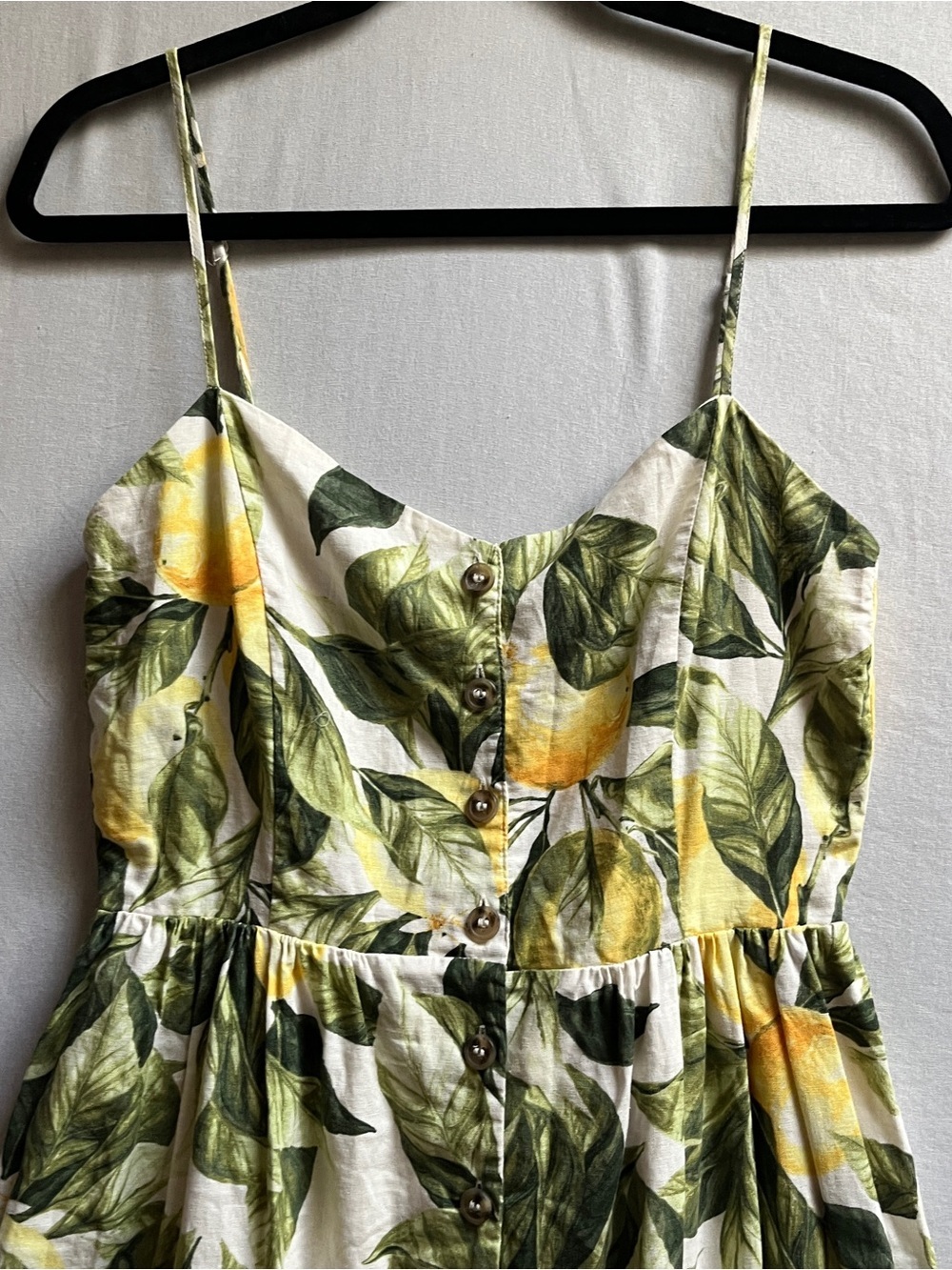 H&M Linen Blend Tropical Leaf Citrus Fruit Print Button Front Midi Dress Sz XS - Picture 5 of 10
